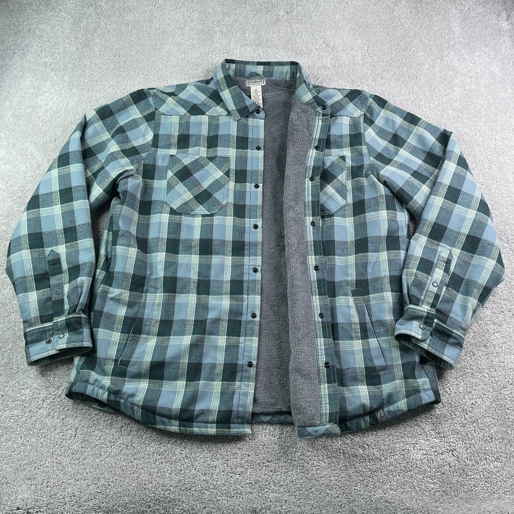 LL Bean Shirt Jacket Mens XL Green Katahdin Performance Lined Flannel Shacket